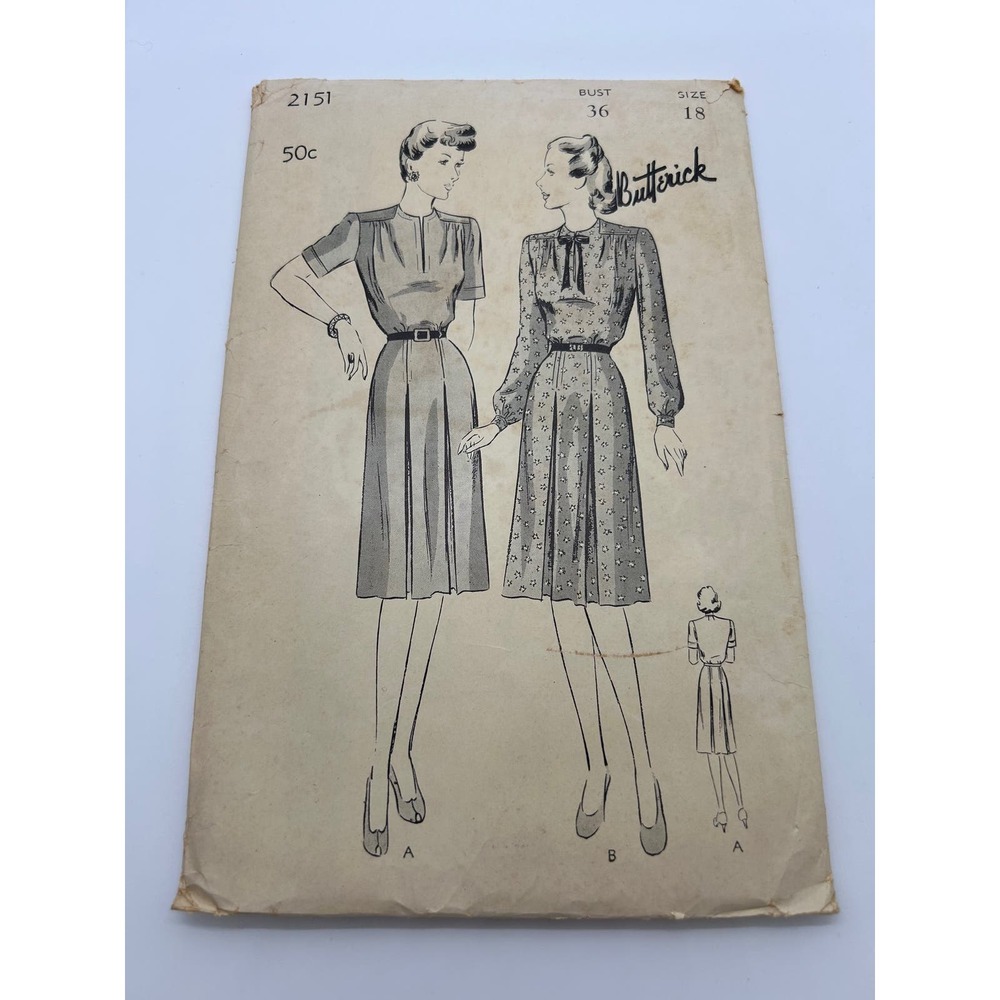 Butterick Vintage 1940's Pattern‎ #2151 Women's One Piece Frock Size 18 HTF RARE